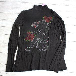 Vintage Womens Top Size S Black High Neck Black Panther Rhinestone